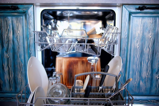 lavastoviglie aperta in cucina, stoviglie all'interno, piatti puliti in cucina vista sullo stile di vita