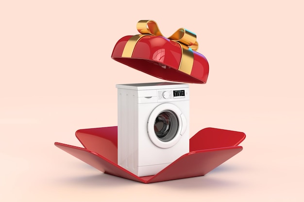 Lavatrice moderna bianca in confezione regalo rossa aperta con nastro dorato rendering 3d