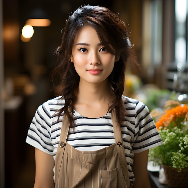 Lavorando al ristorante Felice una giovane e carina ragazza sorridente asiatica