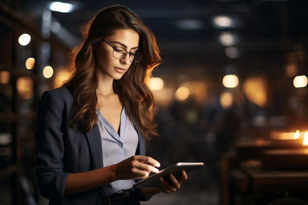 Lavorando con un sorriso ritagliato ritratto di una giovane donna d'affari che lavora sul suo laptop