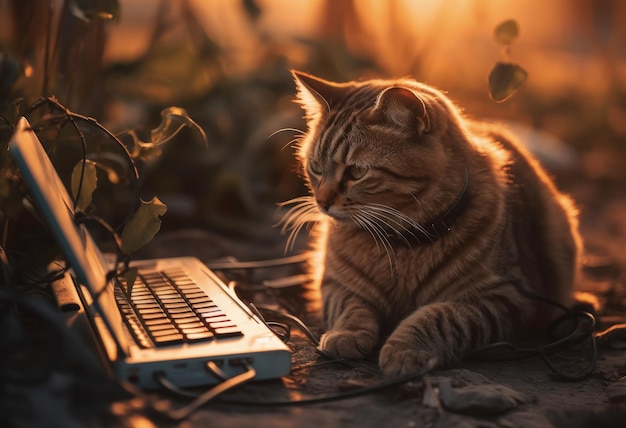 Lavorare fino a tardi Cat digitando sul computer portatile al tramonto