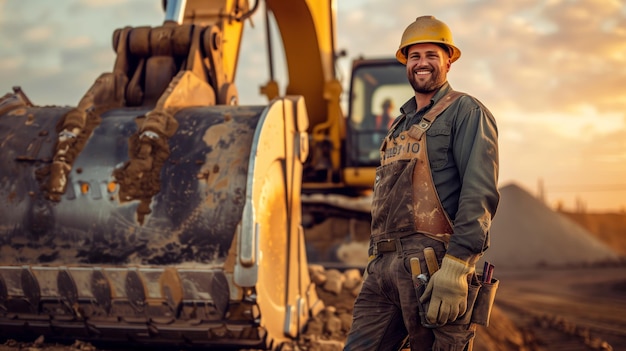 Lavoratore al tramonto con la pala sul cantiere