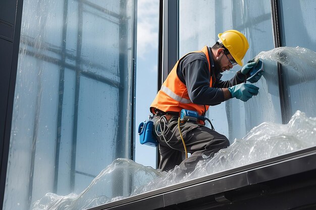 Lavoratore alpinista industriale che lava le finestre di vetro