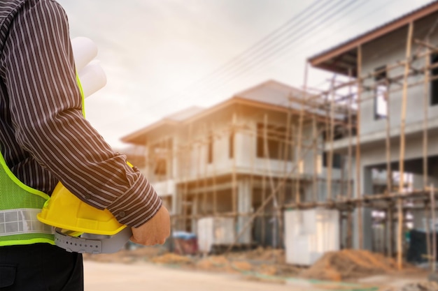 Lavoratore asiatico dell'ingegnere edile dell'uomo d'affari al cantiere della casa