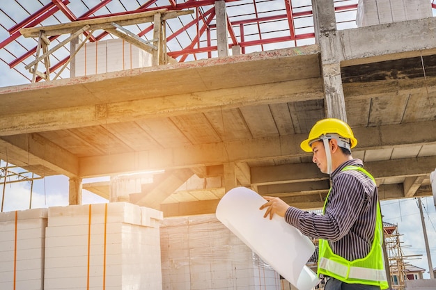 Lavoratore asiatico dell'ingegnere edile dell'uomo di affari al cantiere della casa