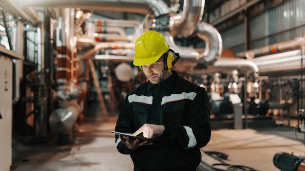 Lavoratore caucasico nella pianta dell'industria pesante con il casco e in uniforme facendo uso della compressa per lavoro.