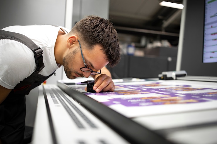 Lavoratore che controlla la qualità di stampa della grafica nella moderna tipografia.