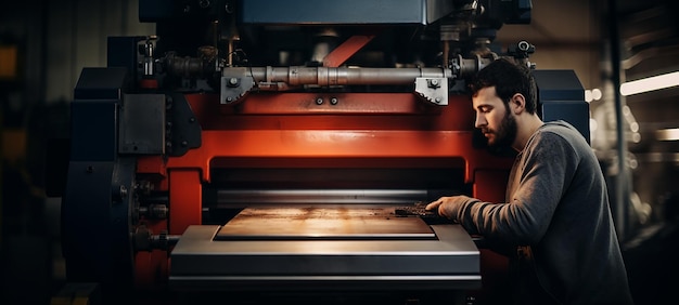 Lavoratore che gestisce una macchina per la stampa di lastre metalliche