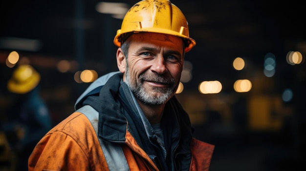 Lavoratore che indossa un casco e un giubbotto di sicurezza arancione davanti al cantiere