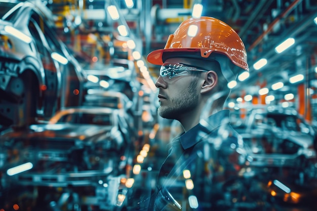 Lavoratore che indossa un casco protettivo in un laboratorio di una fabbrica automobilistica vista laterale del viso La doppia esposizione sottolinea la complessa produzione ad alta tecnologia