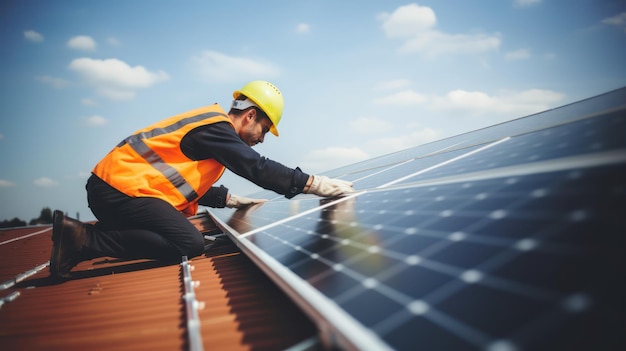 Lavoratore che installa un pannello solare sul tetto contro il sole