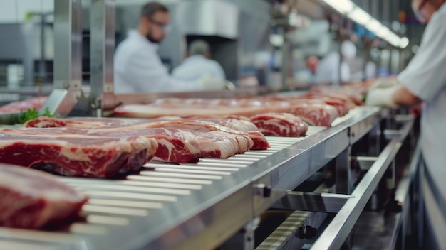 Lavoratore che ispeziona la carne su una linea di produzione in un impianto di trasformazione alimentare