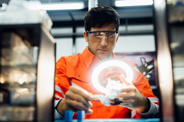 Lavoratore che lavora con la manutenzione robotica in fabbrica Concetto di tecnologia e innovazione