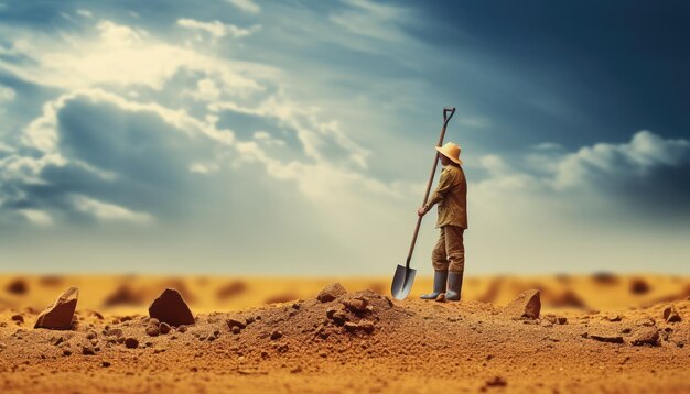 Lavoratore che lavora sulla sabbia sotto il cielo