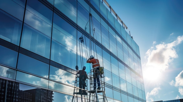 lavoratore che pulisce le finestre di vetro su un edificio alto