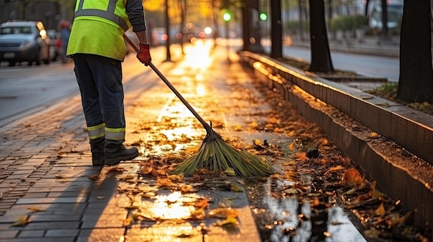 Lavoratore comunale che spazza la strada in autunno