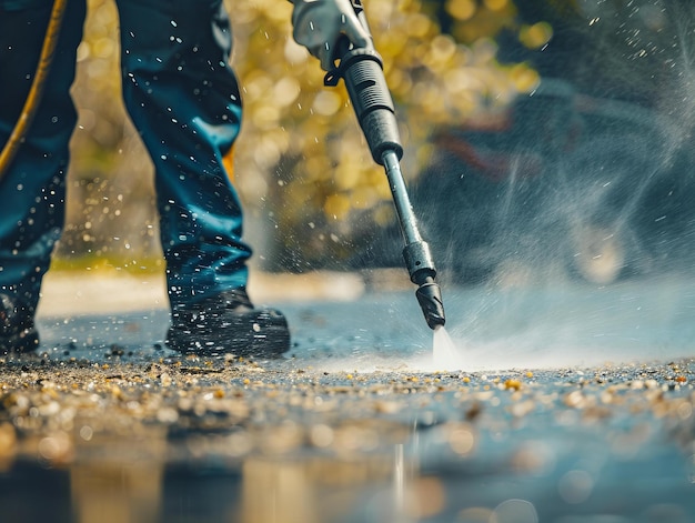 lavoratore con lavaggio a pressione con calcestruzzo a getto d'acqua ad alta potenza