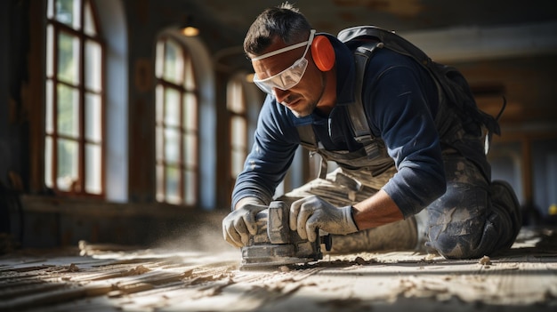 Lavoratore con occhiali e guanti protettivi che segha una tavola di legno con una sega elettrica
