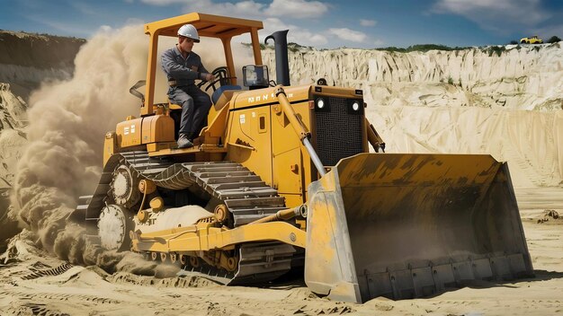 Lavoratore con un bulldozer in una cava di sabbia