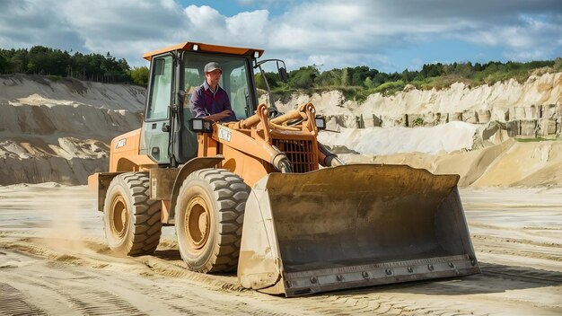 Lavoratore con un bulldozer in una cava di sabbia