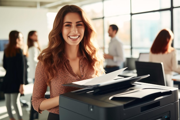 Lavoratore d'ufficio stampa carta su una stampante laser multifunzione Concetto di documenti e documenti Segretaria