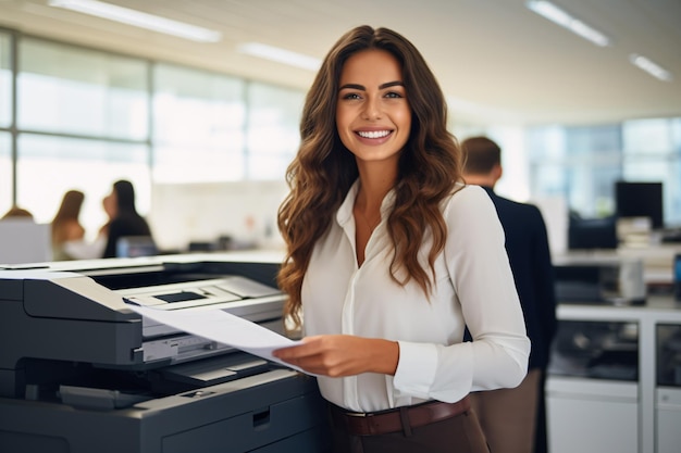 Lavoratore d'ufficio stampa carta su una stampante laser multifunzione Concetto di documenti e documenti Segretaria