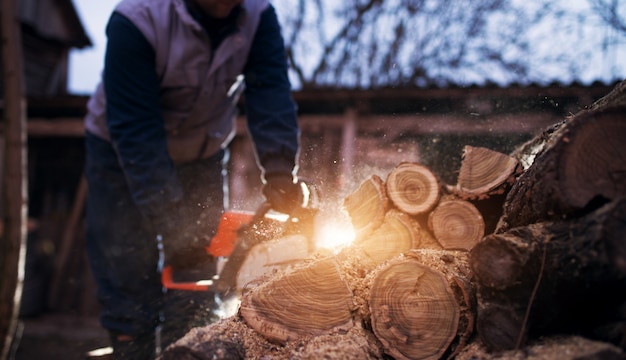 Lavoratore del boscaiolo con motosega taglio del legno