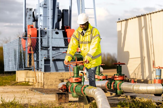 Lavoratore del giacimento petrolifero che controlla la pressione della conduttura di una piattaforma petrolifera