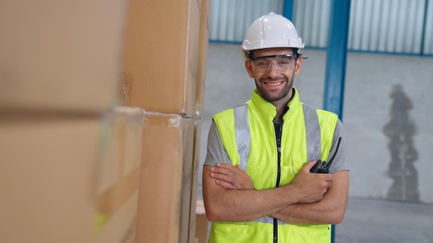 Lavoratore del settore professionale primo piano ritratto in fabbrica o in magazzino. Operatore o ingegnere della linea di produzione che guarda l'obbiettivo.