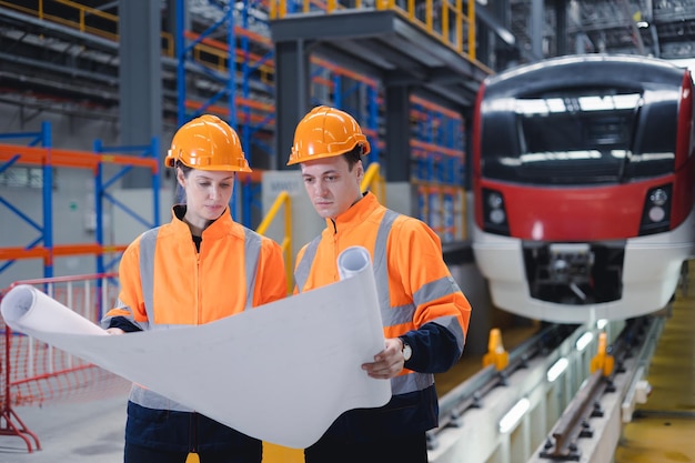 Lavoratore del team del personale del meccanico dell'ingegnere del treno elettrico che cerca il piano del sistema per il programma di manutenzione controlla il servizio di marcia del treno nell'officina della fabbrica del treno