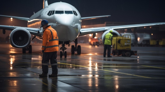 Lavoratore della squadra di terra dell'aeroporto che controlla aereo su asfalto