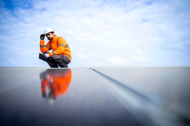 Lavoratore di energia solare in piedi all'interno di una centrale elettrica a energia sostenibile e con difficoltà