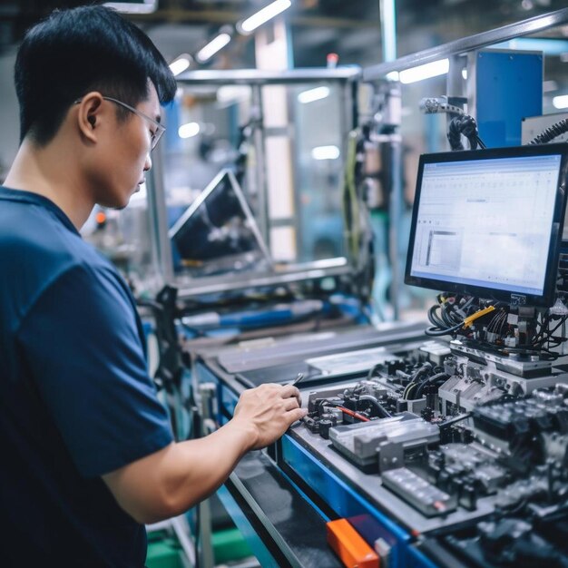 lavoratore di fabbrica intelligente che utilizza macchine in officina di fabbrica concetto di industria e ingegneria