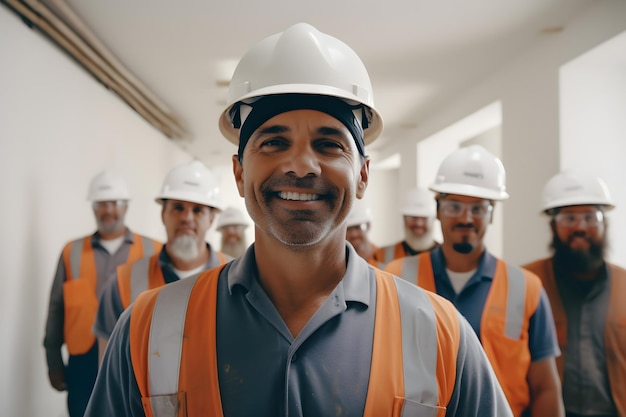 lavoratore di imprenditore edile maschio che indossa il casco di equipaggiamento di sicurezza con sfondo del sito di costruzione