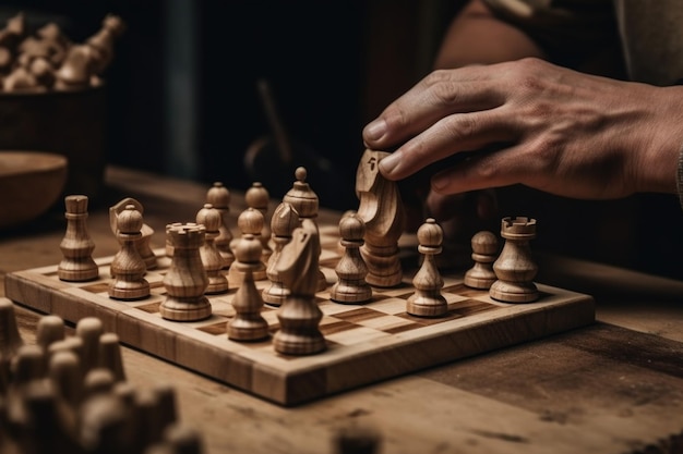 Lavoratore di legno che costruisce a mano un complesso set di scacchi in legno grezzo creato con l'AI generativa