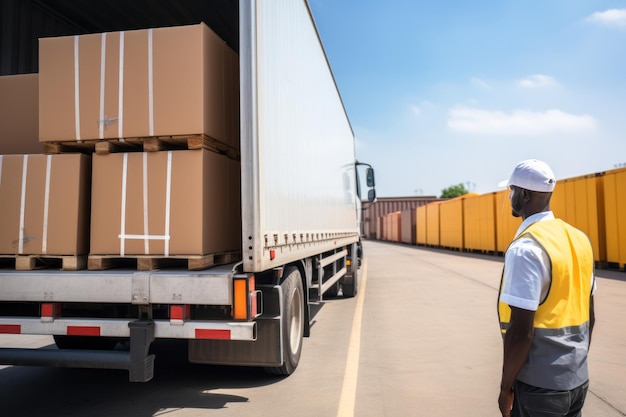 Lavoratore di magazzino al dettaglio al di fuori della logistica che carica il camion di consegna con scatole di cartone p2