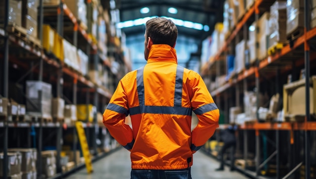 Lavoratore di magazzino in giubbotto di sicurezza arancione e uniforme in piedi nel corridoio dell'impianto di stoccaggio Concetto di gestione e distribuzione dell'inventario logistico