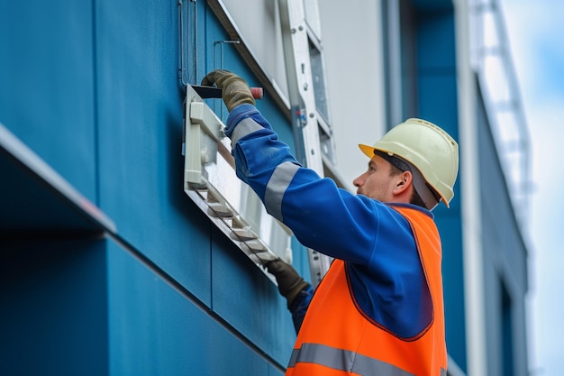 Lavoratore di manutenzione che fissa segnaletica complessa