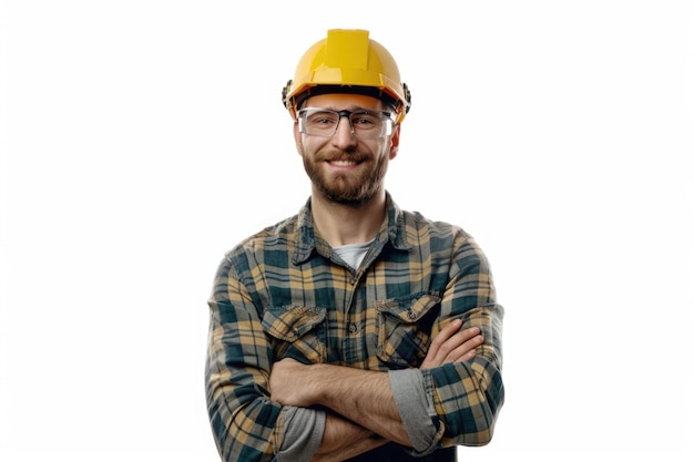 Lavoratore di manutenzione sicuro in casco giallo che posa per la telecamera