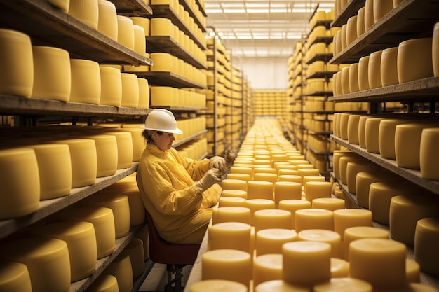 Lavoratore di una fabbrica di formaggi che seleziona il formaggio fresco