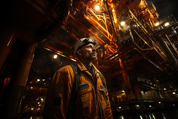 Lavoratore di una piattaforma petrolifera Un operaio di una piattaforma petroliera gestisce macchinari pesanti su una piattaforma offshore remota e pericolosa