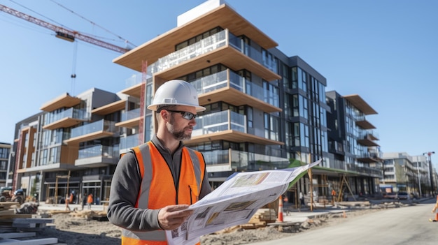Lavoratore edile che indossa un casco che guarda i piani di costruzione davanti a un edificio in costruzione