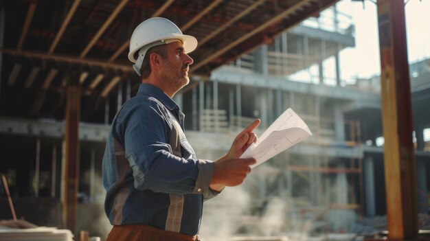 Lavoratore edile che indossa un casco duro in un cantiere AIG41