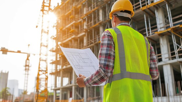 Lavoratore edile in abbigliamento ad alta visibilità con casco di sicurezza sul cantiere AIG41