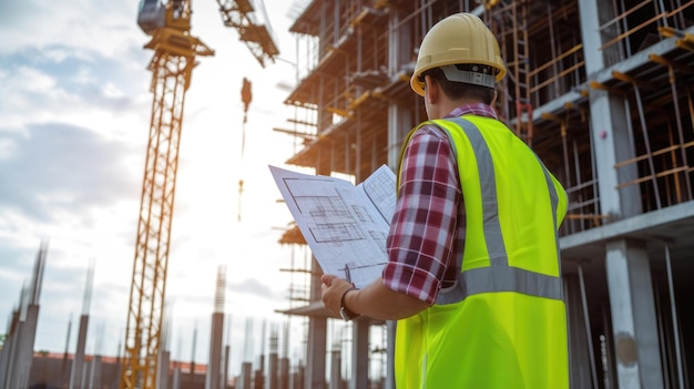 Lavoratore edile in abbigliamento ad alta visibilità con casco di sicurezza sul cantiere AIG41