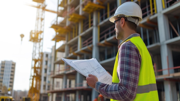 Lavoratore edile in abbigliamento ad alta visibilità con casco di sicurezza sul cantiere AIG41