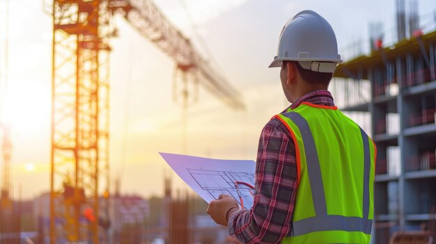 Lavoratore edile in abbigliamento ad alta visibilità con casco di sicurezza sul cantiere AIG41