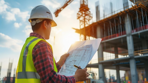 Lavoratore edile in abbigliamento ad alta visibilità con casco sul cantiere