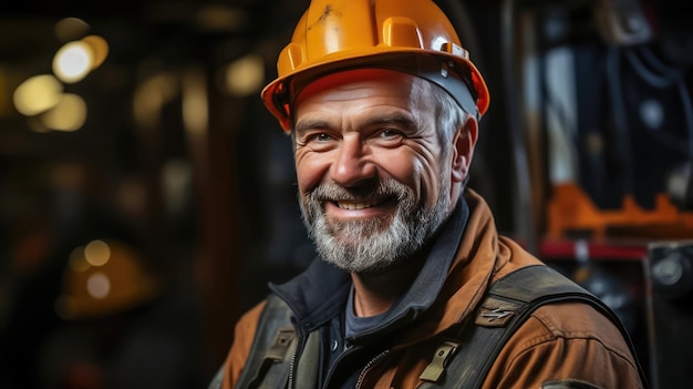 Lavoratore felice in un sito industriale Uomo in uniforme e casco