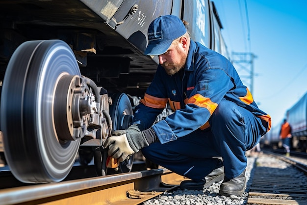 Lavoratore ferroviario che ispeziona le ruote e i freni del treno merci